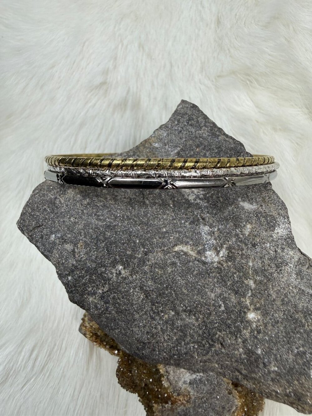 Set of 3 Bangles - Silver, Gold & Gray - 8.25"